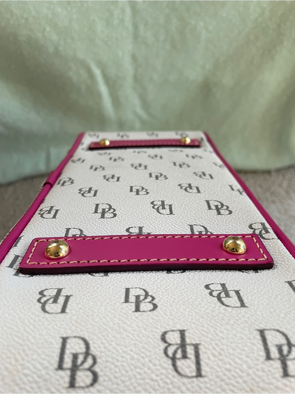 Dooney Bourke White Monogram Shoulder Bag with Pink Trim - Gretta Twist Strap - Picture 12 of 17